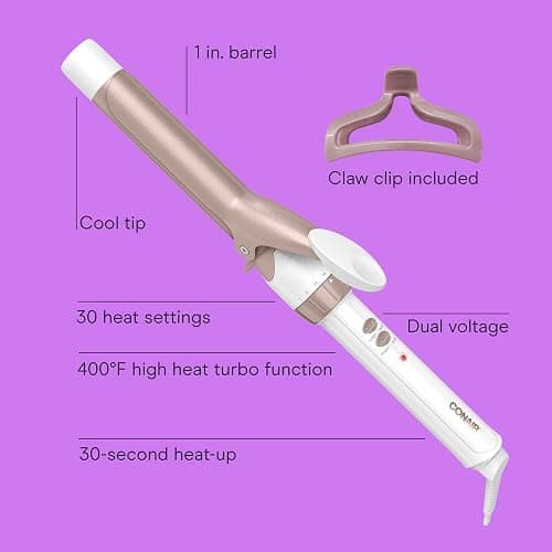 Conair Double Ceramic 1-Inch Curling Iron with Claw Clip, 1-Inch Barrel Creates Classic Curls, Hair Curler for Use on Short, Medium, & Long Hair, White/Rose Gold thumbnail 2