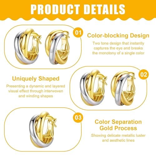 1Sets Mixed Metal Earrings,Two Tone Silver and Gold Hoop Earrings, Intertwining Small Circle Huggie Lightweight Twisted Hoop Earrings for Women Trendy thumbnail 4