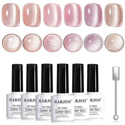 RARJSM Nude Cat Eye Gel Polish Set 6 Pcs Sparkle Diamond Glitter Sheer Purple Soft Pink Chanpagne Gold Velvet Ice Jelly Glass Cateye Gelpolish with Magnet Stick UV LED Curing Requires Home Manicure - Image 1