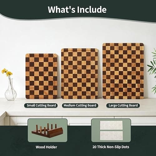 WILLKOMMEN Checkered Cutting Board Set, 3-Piece Wood Checkerboard End Grain Chopping Boards with Holder & Juice Groove Wooden Kitchen Cutting Board for Cooking and Serving (S, M, L) thumbnail 8