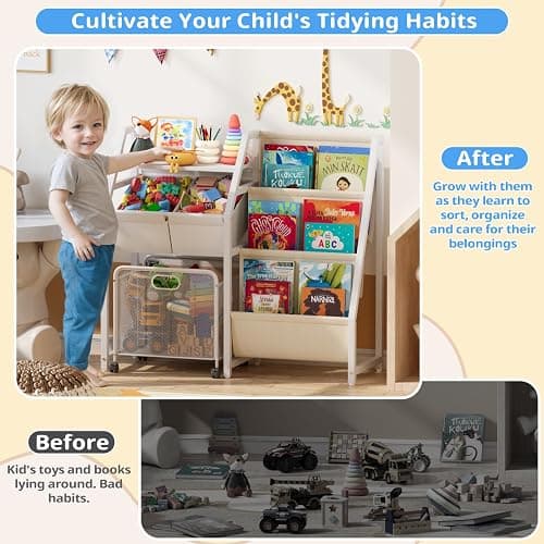 LATIBELL Kids Bookshelf Toy Storage Organizer & 2 Bins，3 Tier White | Kids Bookcase Equipped With Movable Drawer And 2 Toy Bins, Storage Organizer For Bedroom, Playroom And Classroom thumbnail 5