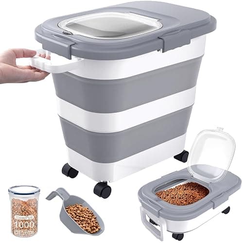 DDMOMMY 23-25 Lbs Airtight Dog Food Storage Container,Collapsible Dog Food Container with Lid,Wheels,Handle,Large Pet food storage Container with Scoop,Small Food Container for Dog Cat - Image 1