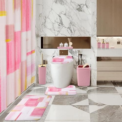 XLHOMO Bathroom Set - Pink and Gold Bathroom Accessories Set, Bathroom Sets with Shower Curtain and Rugs, Pink Shower Curtain Set with Bathroom Trash Can, Soap Dispenser, Soap Dish for Home Decor thumbnail 7