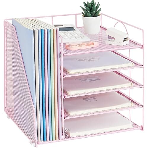 LEKETREE Desk Organizers and Accessories, 5-Tier Paper Letter Tray Organizer with File Holder, Desktop Organizer for Office Supplies (Pink) thumbnail 7