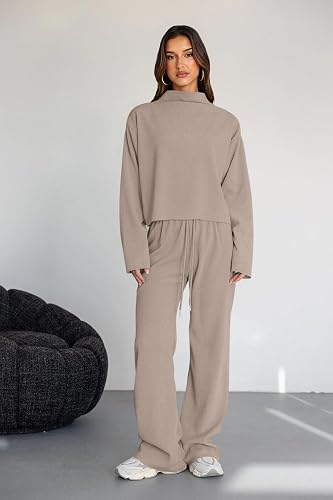 PRETTYGARDEN Two Piece Sets for Women Fall Sweatsuit Long Sleeve Knit Mock Neck Tops Wide Leg Pants Lounge Set Travel Outfits thumbnail 2