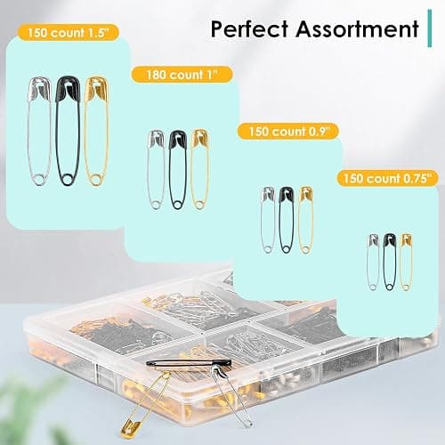 630 Pack Safety Pins Assorted, 5 Different Sizes Small and Large Safety Pin for Clothes Pins Sewing, Nickel Plated Steel, Arts and Crafts Supplies (3 Colors) thumbnail 4