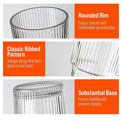 SUROQUE 20oz Ribbed Glass Tumblers with Lids & Straws, Ideal for Iced Coffee, Cocktails & More - Includes Cleaning Brush thumbnail 3