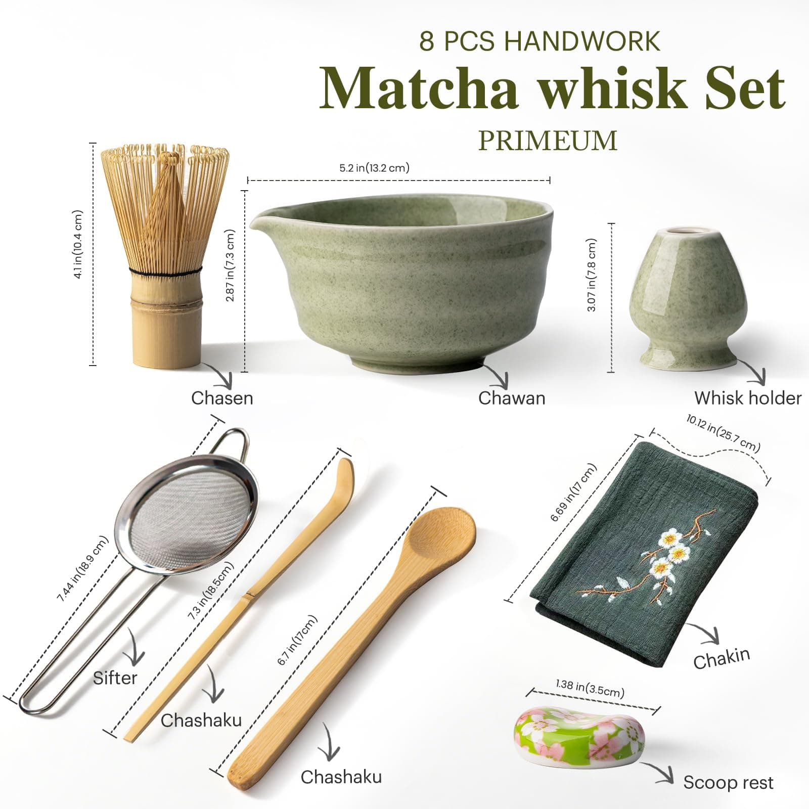 Matcha Whisk Set - 8PCS Kit for Matcha Lover, with Handcrafted Bamboo Whisk Matcha Scoop Matcha Stand Matcha Bowl, Sifter, Tea Cloth (Chakin), Scoop Stand,Wood Spoon thumbnail 2