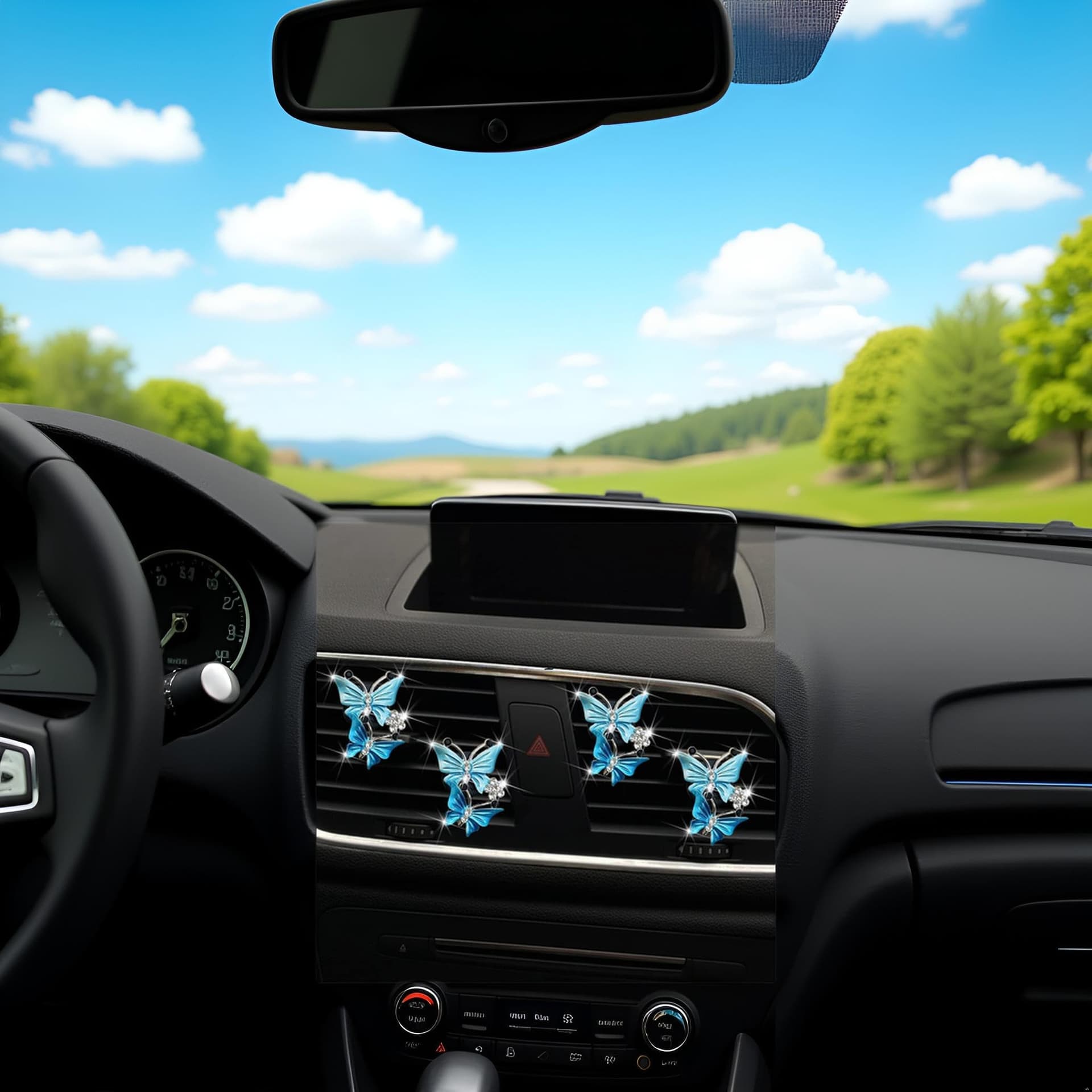4 Pcs Butterfly Air Vent Clips, Car Vent Clips Dual Butterfly Air Vent Freshener Clip Decoration, Car Interior Decor Bling Cute Accessories Car Decoration for Women + Sunflower Mask Hook (Blue, 4) thumbnail 8