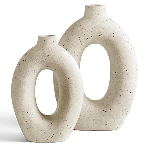LE TAUCI Ceramic Vases Set of 2, Cream Hollow Donut Flower Vases, Nordic Boho Decor Decorative Centerpiece for Living Room, Table, Shelf, Mantel, Warm Ivory Speckled (H10.5”xW8.5”) thumbnail 7