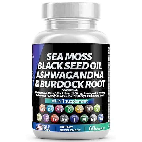 Sea Moss 3000mg Black Seed Oil 2000mg Ashwagandha 1000mg Turmeric 1000mg Bladderwrack 1000mg Burdock 1000mg & Vitamin C & D3 with Elderberry Manuka Dandelion Yellow Dock Iodine Chlorophyll ACV - Image 1
