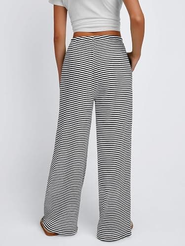 Trendy Queen Womens Striped Ribbed Wide Leg Pants Casual Drawstring Elastic Waist Baggy Sweatpants with Pockets thumbnail 4