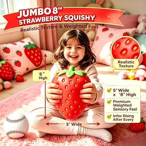 8in Giant Strawberry Squishy, Giant Jumbo Big Cute Realistic Strawberry Stress Ball Soft Strawberry Squishys Slow Rising Stress Ball for Anxiety Stress Party Favors thumbnail 3