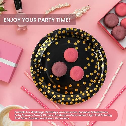 75PCS Paper Plates and Napkins Set - Black and Gold Dot Disposable Party Dinnerware Includes Paper Plates, Napkins, Forks Decorations for 2025 Graduations, Birthdays and Weddings, Serves 25 - 7inch - Black Gold Dot thumbnail 6