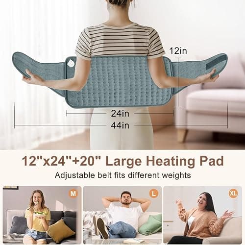 IGXHAVIZ Heating Pad for Back Pain Relief, Electric Heating Pad for Period Cramps Neck Shoulders with Belt, 4 Timer 6 Heat Setting & Auto Shut Off, 12"x24"+20" Large Moist Heat Pad for Mom,Dad thumbnail 5