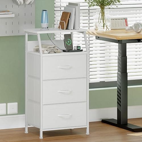 Somdot White Nightstand with Charging Station and LED Light for Bedroom, Tall 3 Drawers Dresser with Fabric Bins for Bedside Kids Dorm Room Closet Laundry Entryway, White Leather - 11"D x 16.5"W x 31.1"H (3 Drawers) - White Leather thumbnail 8