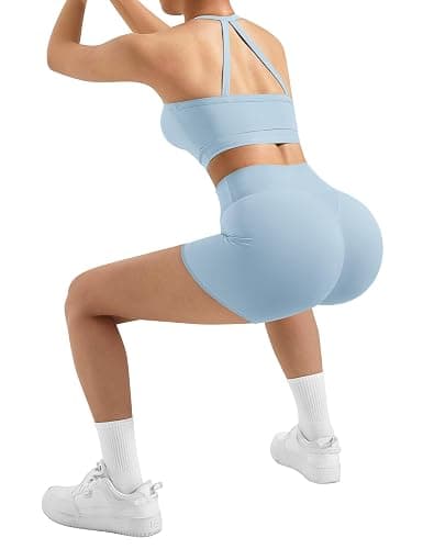 SUUKSESS Women 2 Piece Workout Sets High Waisted Tummy Control Biker Shorts Halter Padded Tank Tops thumbnail 3