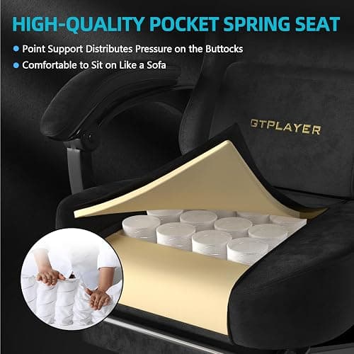 GTPLAYER Gaming Chair Fabric with Pocket Spring Cushion, Big and Tall Gamings Chairs 350LBS High Back Computer Chair with Footrest for Adults Lumbar Support Swivel Game Chair for Office Light Black thumbnail 3