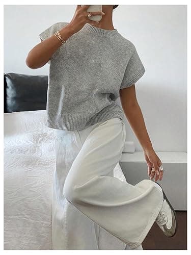 SOLY HUX Women's Ribbed Sweater Crew Neck Short Sleeve Loose Fit Floral Knit Pullover Tops thumbnail 5