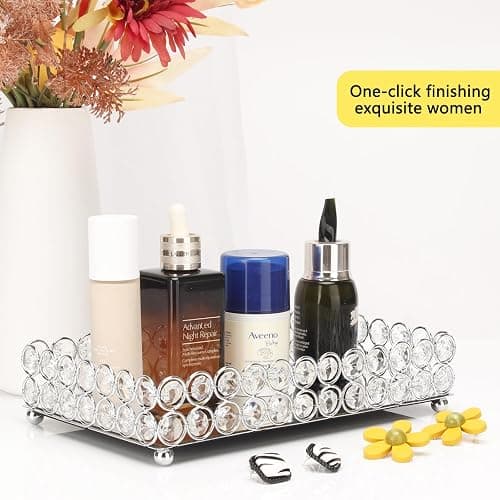 Elegant Silver Crystal Mirror Perfume Tray for Vanity, Coffee Table, and Home Decor - Small Glass Tray for Jewelry, Perfume, and Decorative Items - Bandeja para Perfumes, Perfume Trays for Dresser thumbnail 5