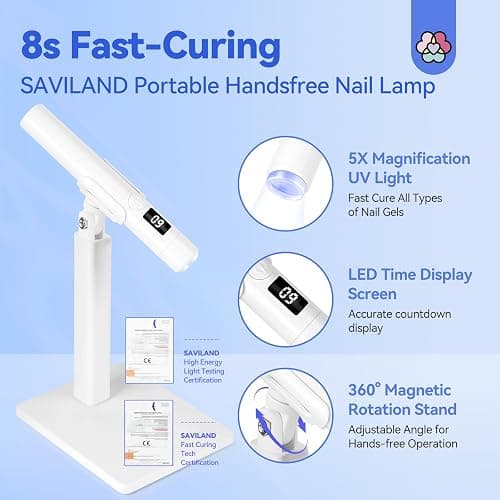 SAVILAND 9W White Flash Cure Gel Nail Lamp UV Light for Nails with Stand | LCD display, 8s quick drying, Cordless handsfree, Silicone nail stamper use, Salon & home manicure tool thumbnail 2