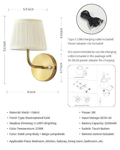 PUSU LED Cordless Gold H9.6 inch Small Wall Sconces Set of 2, Rechargeable 5200mAh Battery Operated Fabric Wall Lamp with Remote, Lighting for Living Room, Bedroom, Hallway, Bathroom, Stairs, Kitchen thumbnail 5