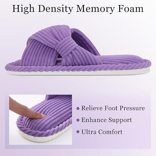 Evshine Fall House Slippers for Women Corduroy Cross Bow Indoor Slippers Open Toe Slip On Bedroom Shoes with Memory Foam thumbnail 4
