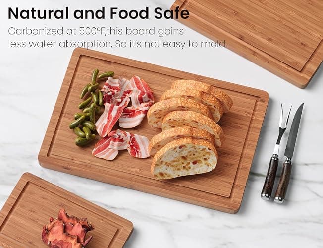 Fibogollo Bamboo Cutting Boards Serving Board Set, Bamboo Chopping Boards with Juice Groove for Kitchen Meal Prep and Serving (set of 3) thumbnail 2