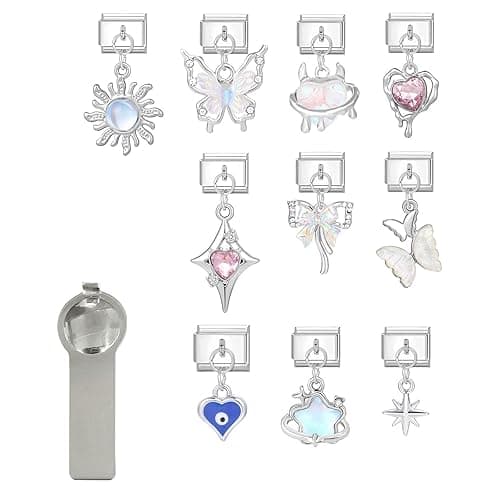 Papasgix Italian Charm Bracelet Charms Pack Links Bulk with Opening Tool - 9mm Italian Charms Pendants Modular Bracelet Links Handmade DIY Jewelry