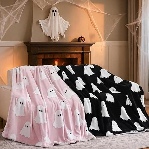 Smoofy Halloween Throw Blanket, Pink Ghost Fleece Halloween Blanket 50"x60" | Cute Pink Halloween Room Decor, Fluffy 3D Spooky Halloween Blanket for Sofa & Bed thumbnail 7