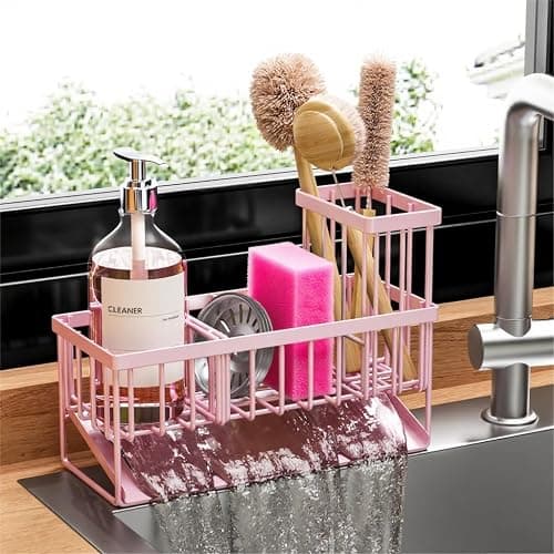 Cisily Pink Kitchen Sink Caddy Organzier with High Brush Holder, Sponge Holder for Sink, 304 Rustproof Stainless, Kitchen Countertop Soap Dispenser Organizer - Image 1