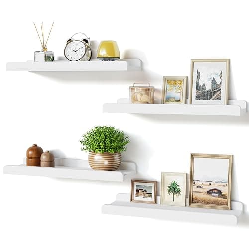 Love-KANKEI White Floating Shelves for Wall Set of 4, Wood Wall Shelves with Lip,15.6 Inch Rustic Hanging Shelves for Bedroom Bathroom Living Room Kitchen Nursery Display - Image 1
