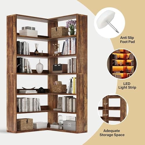 4 EVER WINNER Corner Bookshelf, 6 Tier Bookcase with LED Light and Storage, Industrial Tall Bookshelf Etagere Bookcase, 71” Corner Book Shelf with Storage Display Rack with Baffles for Home Office thumbnail 5