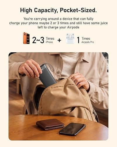 VEEKTOMX Portable Charger with 3 Built-in Cables — 10000mAh Slim Power Bank, USB-C Battery Pack with Lightning & Micro USB, TSA Approved Travel Charger for iPhone, Samsung, Android thumbnail 5
