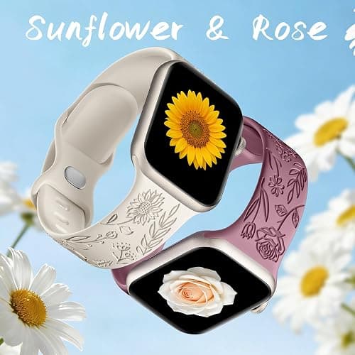 6 Pack Floral Engraved Bands Compatible with Apple Watch for Women | Cute Silicone Straps for Series 12 11 10 9 8 7 6 5 4 SE 3/2/1 Ultra, Wristband for iWatch 42mm 40mm 41mm 38mm 44mm 45mm 46mm thumbnail 4