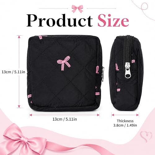 Portable Period Bag for Teen Girls, Quilted Sanitary Napkin Storage Bag Cute Bow Period Pouch for Pads Reusable Menstrual Pad Bags with Zipper Sanitary Napkin Storage Pouch First Gift for Women(Black) thumbnail 2