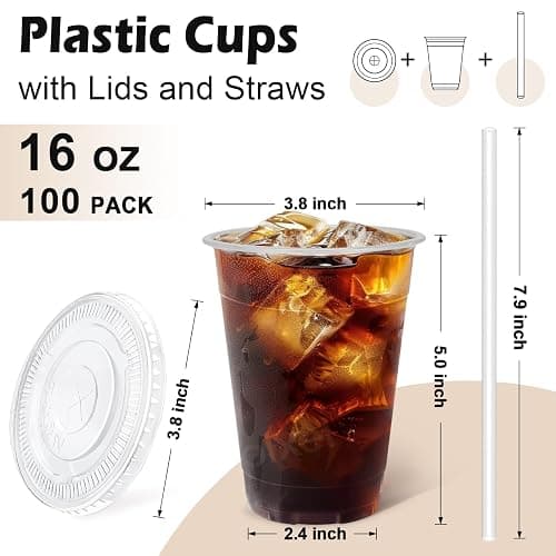 Lamosi 100 Pack 16 oz Clear Plastic Cups with Lids and Straws, Disposable Plastic Coffee Cups with Lids for Iced Coffee, Cold Beverages, Smoothies and To-Go Drinks thumbnail 3