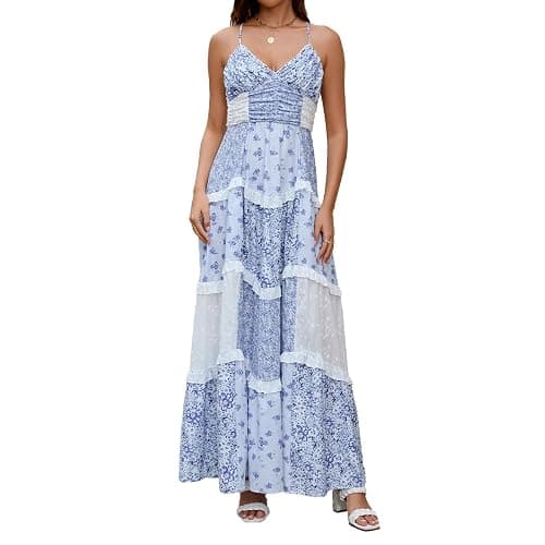 ABYOVRT Women Floral Maxi Dress Spaghetti Straps V Neck Patchwork Flowy Boho Sundress Tiered Long Dresses - Image 1