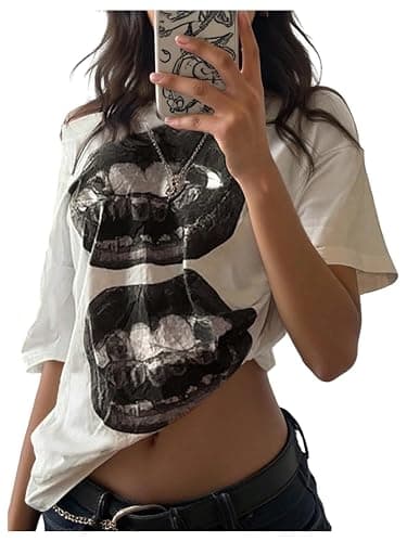 RoseSeek Women's Off The Shoulder Tops Short Sleeve Lip Graphic Tees Retro Y2K Summer T Shirts - Image 1