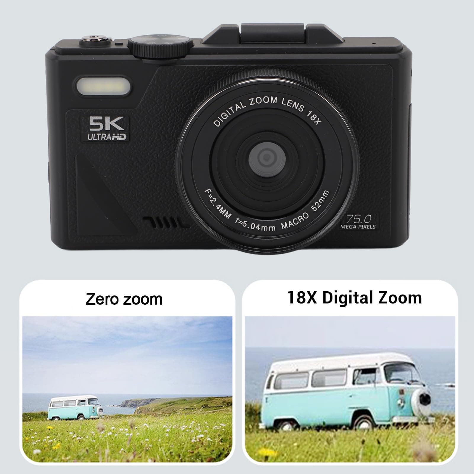 5K Digital Camera, 75MP HD 18X Zoom Autofocus Mirrorless Retro Camera with 3 Inch Screen and Smile Detection for Travel Photography thumbnail 3