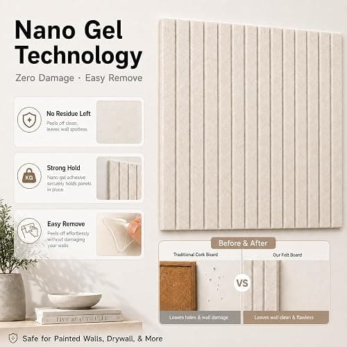 OceanBreezy Large Oatmea Felt Square Cork Board Alternative 6-Pack,36"x 24" | Felt Bulletin Board with 40 Removable Nano Adhesive Tabs & 40 Pushpins, Felt Wall Panels for Wall Home Office Classroom thumbnail 7