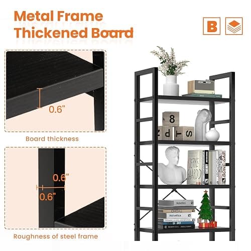 Sweetcrispy Book Shelf, 5 Tier Bookcase, Modern Tall Bookshelf for Garage Kit, CDs, Movies, Industrial Corner Storage Organizer for Bedroom Home Office Kitchen Living Room, Black thumbnail 4