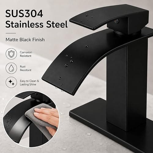 VOTON Black Bathroom Faucets Modern Waterfall Bathroom Sink Faucet Matte Black Single Handle Bathroom Faucet for 1 or 3 Holes with Deck Plate and Pop-Up Drain, Rv Sink Camper Farmhouse Bathroom Faucet thumbnail 7