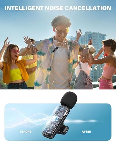 Mini Wireless Lavalier Microphone for iPhone, iPad, Android, 2-Pack Mini Mic with Windscreens & Pop Filters, Noise Reduction, Auto Pairing, Mute & Reverb for Vlogging, Recording, Live Streaming thumbnail 2
