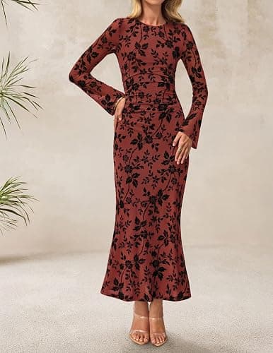 ZESICA Women's Long Sleeve Floral Bodycon Dress 2025 Fall Fashion Ruched Mesh Wedding Guest Cocktail Party Maxi Dresses thumbnail 3