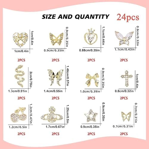 FOSDICK 24 Stück Gold Nagel Charms, 3D Charm Nägel, Nail Art Charms mit Herz Schmetterling Schleife Kirsche Design für Strasssteine Nagelkunst DIY Glitzersteine Schmuck thumbnail 2