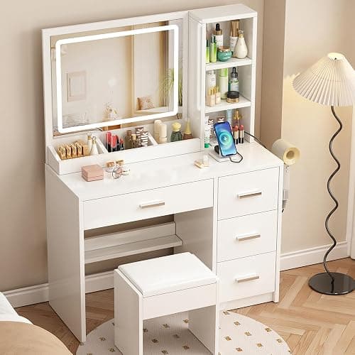 OTOQS Vanity Desk with Mirror and Lights, 4 Drawers & Benches Vanity Desk Set, 3 Color Lighting Modes Adjustable Brightness Vanity for Bedroom Makeup Table thumbnail 6