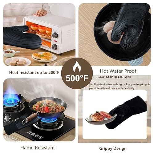 Silicone Oven Mitts-13.6 in Extended Oven Mitts Heat Resistant 500F, Oven Gloves with Soft Liner Good Grippy BPA-Free Easy to Clean Flexible-Oven Mits Set for Cooking Baking Grilling BBQ-Black - Black thumbnail 4