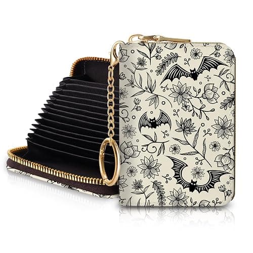 Blusabaca Goth Bat Credit Card Holder for Women, Gothic Floral Small RFID Wallet with Zipper, Card Keychain Wallet, Leather Wallet Card Case, Business Accordion Wallet Gift - Image 1