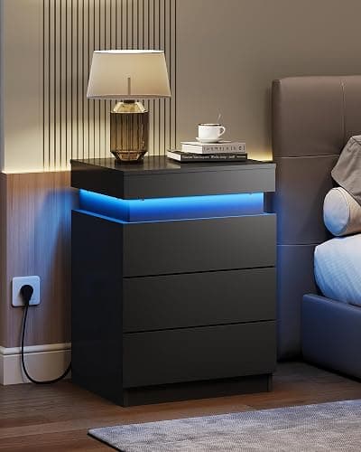 WLIVE Nightstand with Charging Station & Led Lights, Modern Bedside Table with 3 Drawers and Sliding Top, End Table with Hidden Space for Bedroom, Living Room, 26.8'' Height Night Stand, Black thumbnail 2